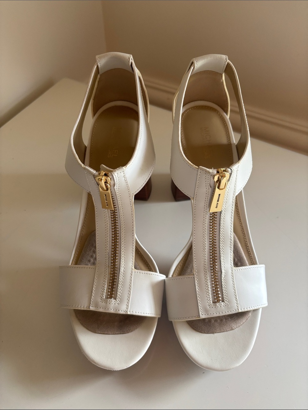 Michael Kors Cream Leather T-Strap Block Heel Sandals with Gold Zip